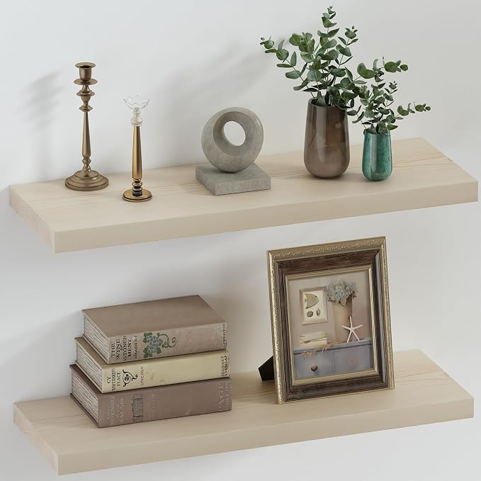 SAUMONIERES Floating Shelves 8 Inch Deep Solid Wood Wide Wall Shelf Set of 2 by Saumonieres