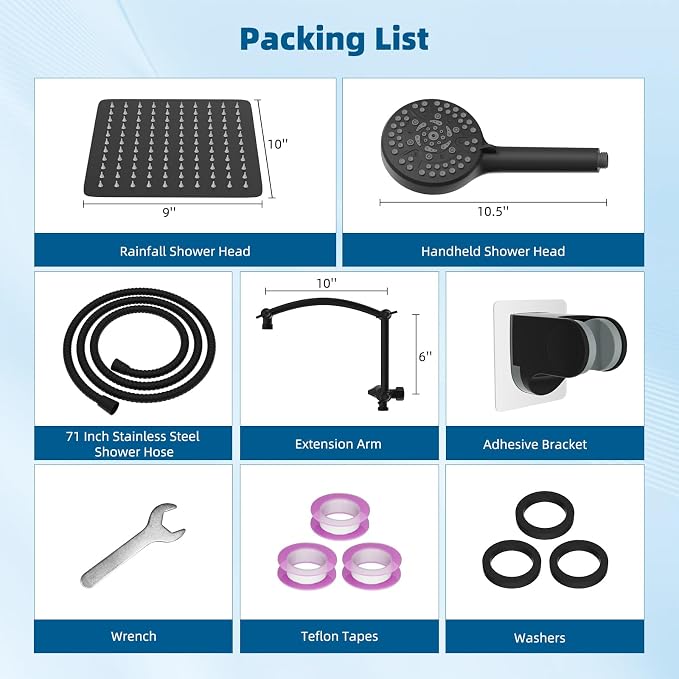 Hibbent All Metal Shower Head, 10 Sprays, Adhesive Showerhead Holder, Matte - Image 8