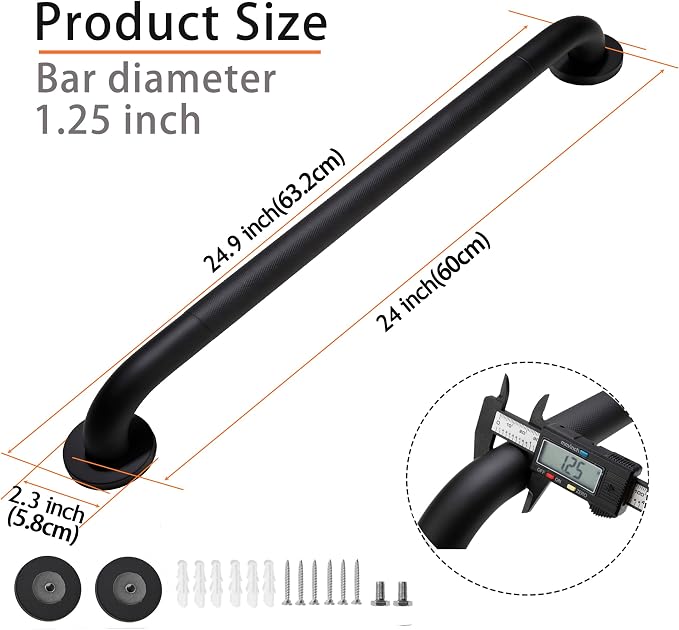 Shower Grab Bar, 2 Pack 24 Inch Black Bathroom Grab Bar, 1.25" Diameter 304 - Image 2