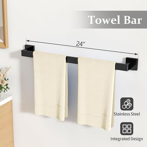 10-Piece Matte Black Bathroom Hardware Accessories Set, 24 inch Towel Bar - Image 2