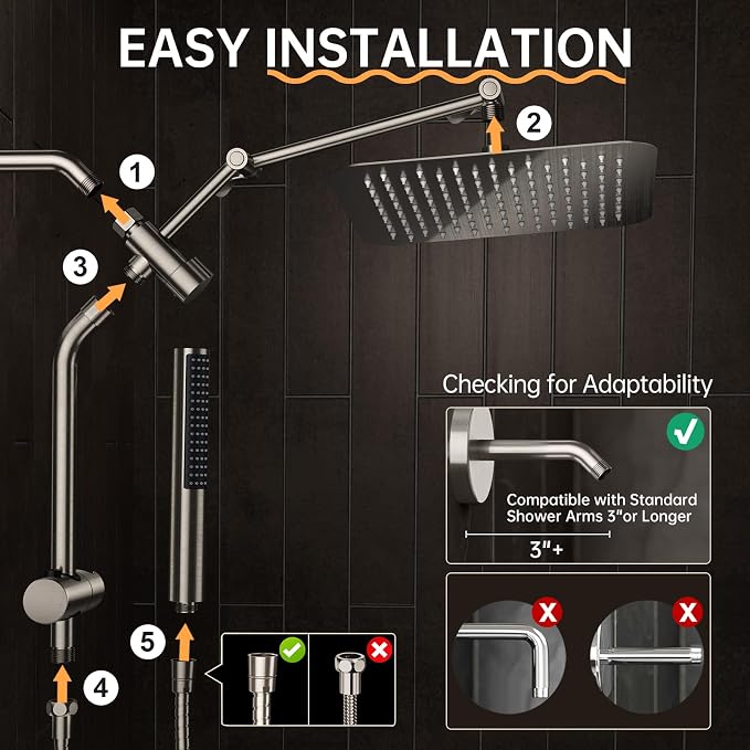 Veken 10" Luxurious Brushed Nickel All Metal Rain Shower Head - Image 7