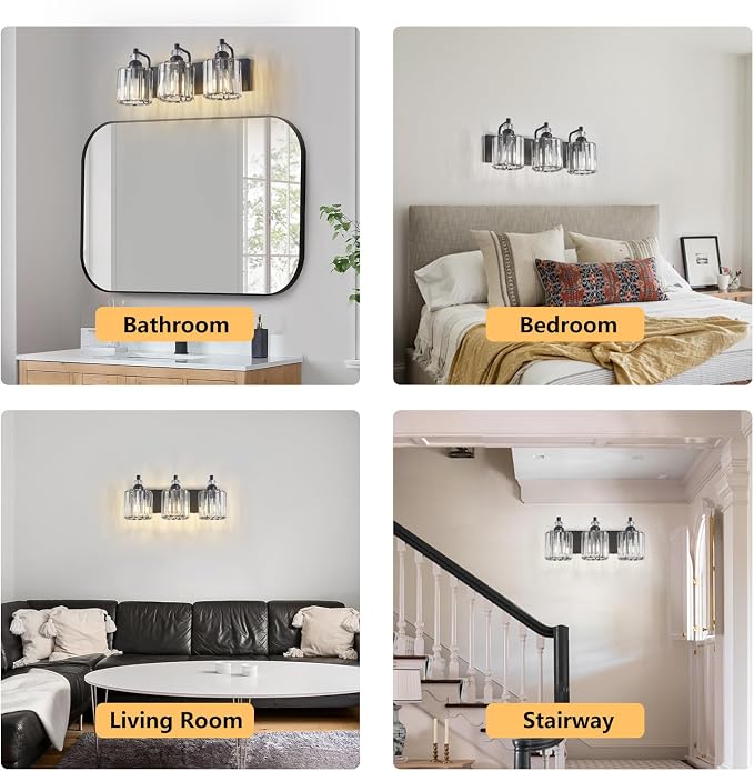 3-Light Black Bathroom Light Fixtures Over Mirror Modern Vanity Lights Crystal - Image 7