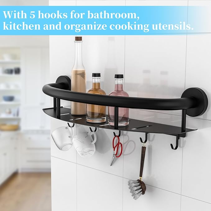 Black Shower Grab Bar Shelf 18 Inch, Zepolu Stainless Steel Shampoo Shelf Grab - Image 4