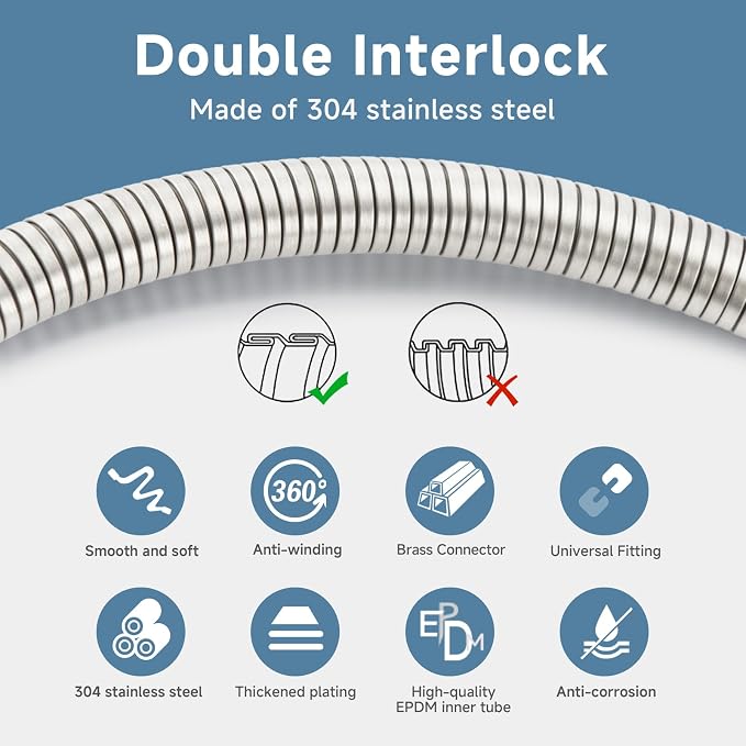 Brushed Nickel Shower Hose Extra Long 304 Stainless Steel Handheld Showerhead - Image 4