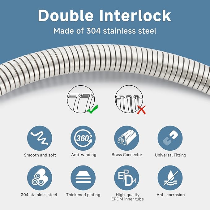 Brushed Nickel Shower Hose Extra Long 304 Stainless Steel Handheld Showerhead - Image 4