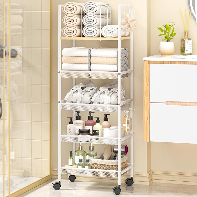 5-Tier Bathroom Storage Shelf, Mobile Metal Free Standing Shelving Unit by DAOUTIME