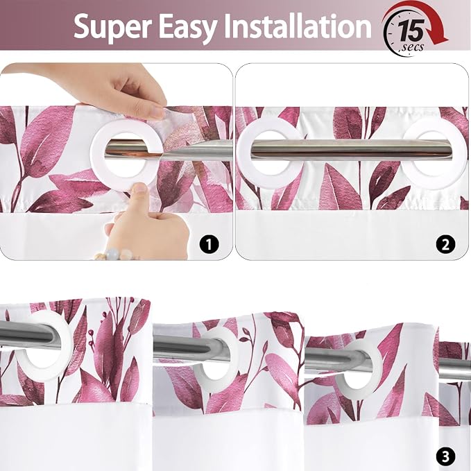 No Hook Shower Curtain and Liner Set, Dark Red Eucalyptus Floral Shower Curtains - Image 3