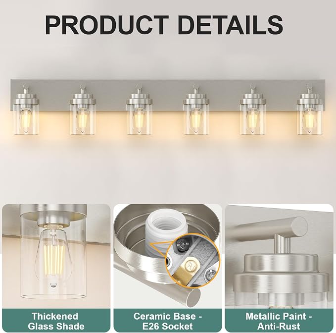 IZORRO Bathroom Vanity Light Fixture, 6-Light 43 Inch Brushed Nickel Bathroom - Image 3