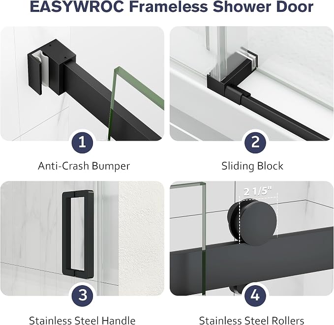 Frameless Shower Door, 55-60" W x 76" H Sliding Glass Shower Door, 1/4'' SGCC - Image 8