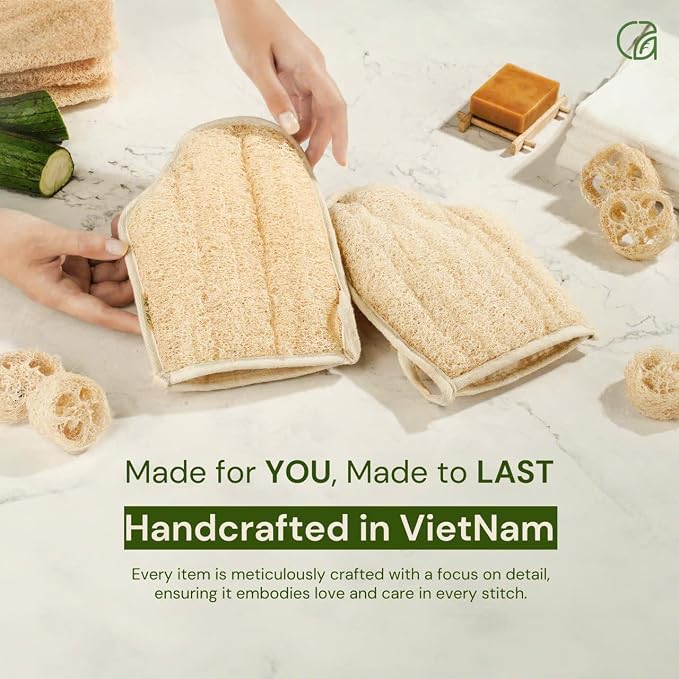 Chill Ah Green Glow Dual-Sided Loofah Bath Mitts – 100% Plant-Based, - Image 6
