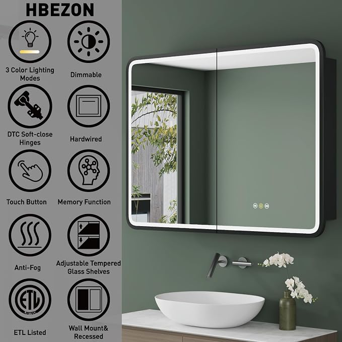 Medicine Cabinet with LED Lights and Mirror, 36 x 30 Inch Wall or Recessed - Image 3