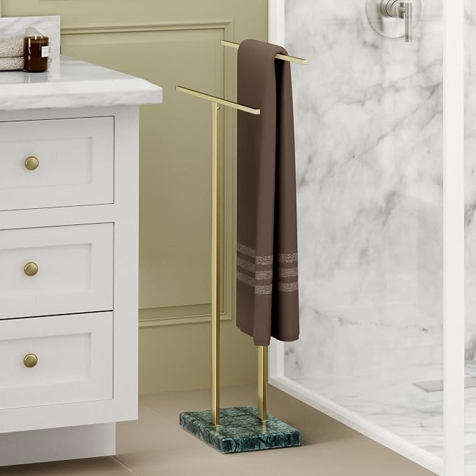 KES Standing Towel Rack with Green Natural Marble Base, 2-Tier Luxury Bath - Image 6