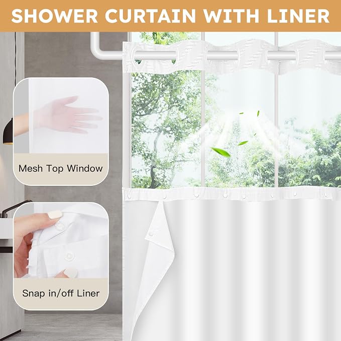 No Hook Shower Curtain and Snap in Liner Set White Tufted Chevron Striped Cloth - Image 3