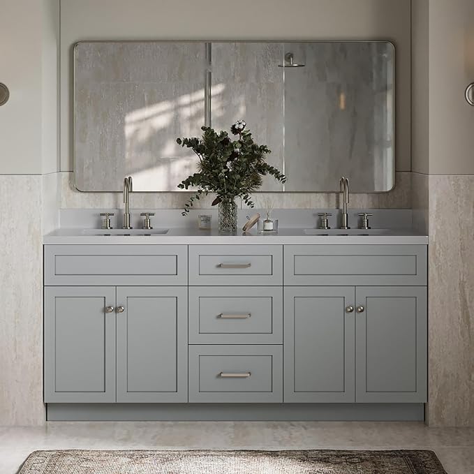 ARIEL 73" Grey Double Vanity 1.5" Edge Pure White Quartz Countertop & Splash by Ariel