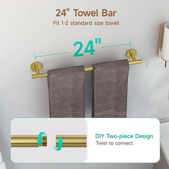 USHOWER Brushed Gold Bathroom Accessories Set, 24-Inch Towel Bar Set Wall - Image 2