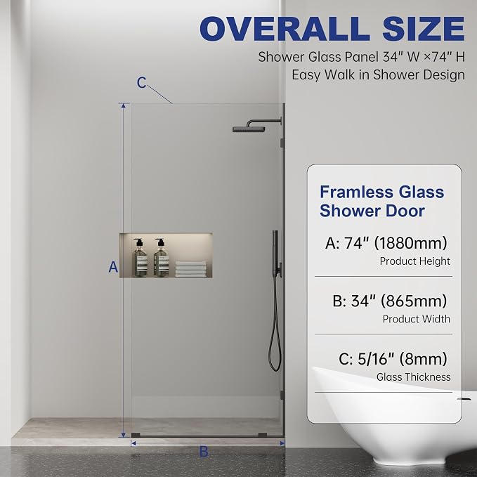 Frameless Fixed Shower Screen 34" W × 74" H, Shower Glass Panel, 5/16" SGCC - Image 6