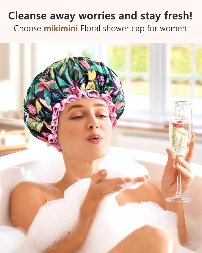 mikimini Shower Cap for Women and Grils, Rainforest Bath Shower Caps - Image 5