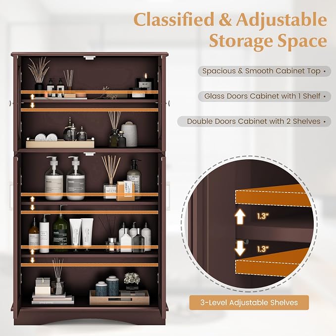 Tangkula Freestanding Floor Cabinet w/2 Glass Doors, 3-Level Adjustable Shelves - Image 5