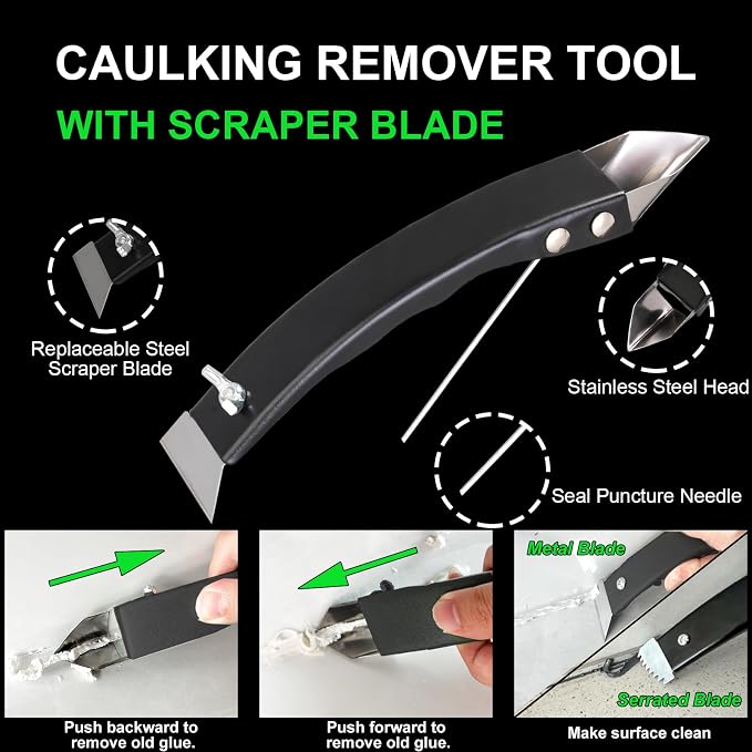 Silicone Caulking Tool Kit, Stainless Steel Caulk Remover & Grout Removal Tool - Image 3