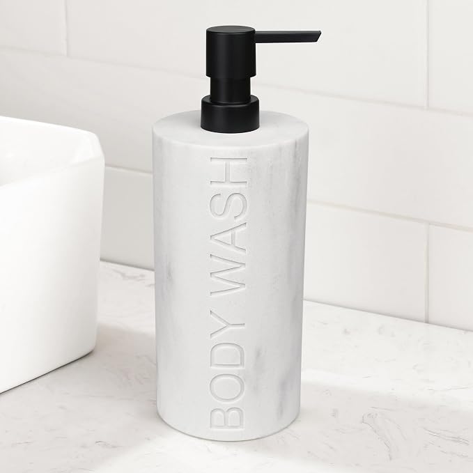 Resin White Marbled Body Wash Engraved Bottle Refillable Pump Dispenser - Image 5