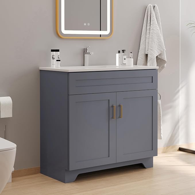 Bathroom 36" Vanity with Ceramic Sink, Wooden Double Door Bathroom Storage by Chyanmoo