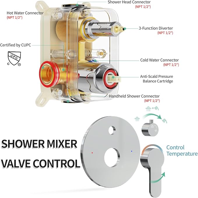 SR SUN RISE 12 Inch Shower System, Slide Bar Shower Faucets Sets Complete Round - Image 4