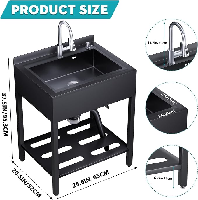25.6inch Stainless Steel Freestanding Utility Sink - Image 2