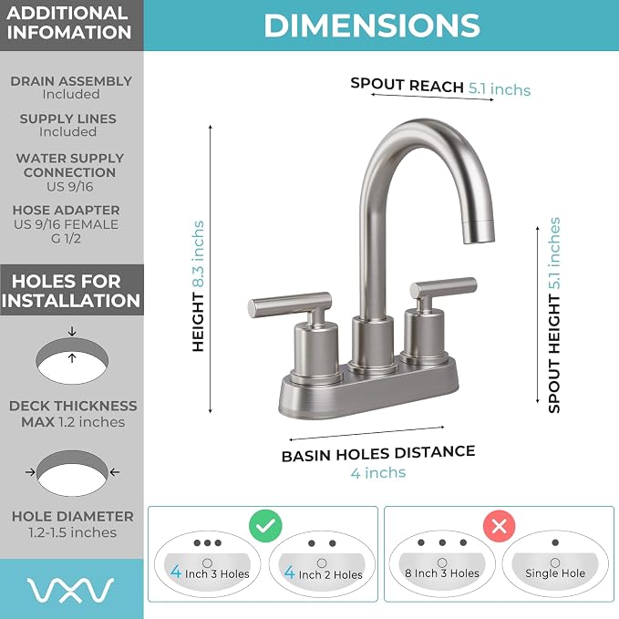 VXV Bathroom Sink Faucet 4 Inch 2 Handle Centerset Modern 360 Rotating Brushed - Image 4