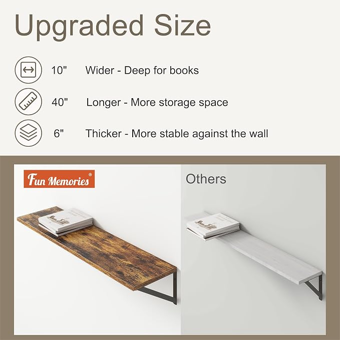 Fun Memories 40 Inch Floating Shelves, 10 Inch Deep Wall Shelf, 40 x 10 - Image 4