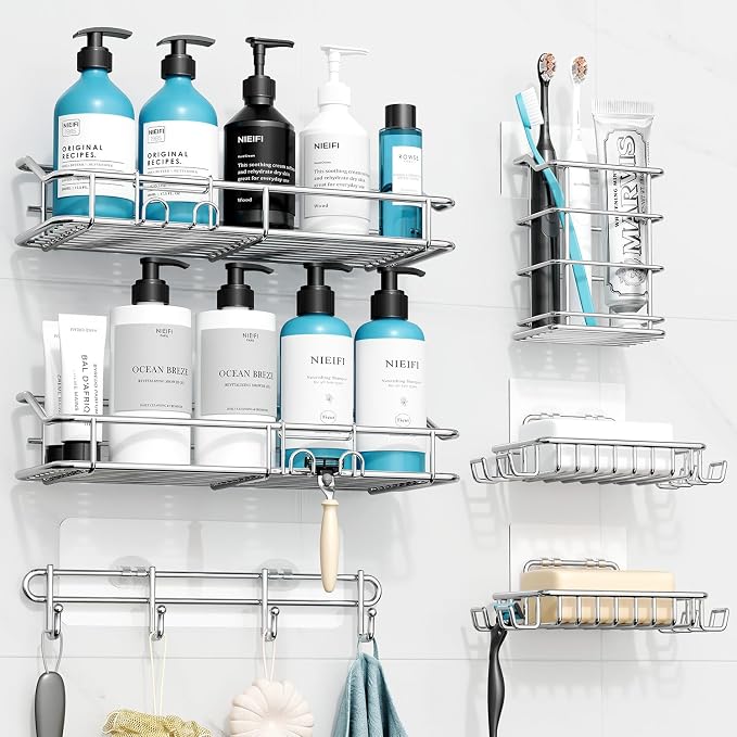 Nieifi Shower Caddy Shelf with Hooks Storage Rack Organizer Adhesive Stainless - Image 2