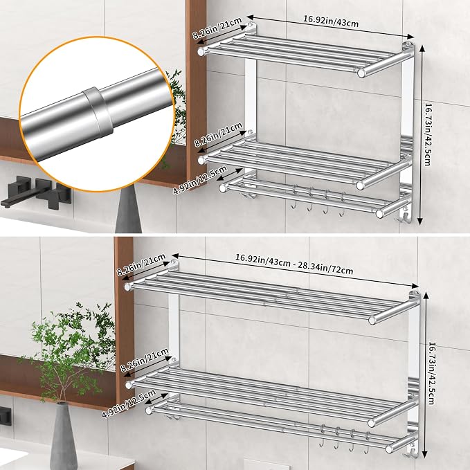 Bathroom Towel Rack with Shelf and Towel Bar, 2-Tier Expandable SUS304 - Image 4