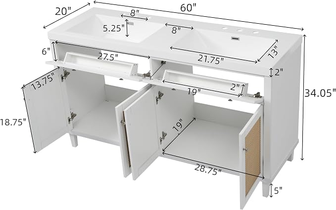 60" Bathroom Vanity with SMC Double Sink, Modern Large Storage Space with 2 - Image 2