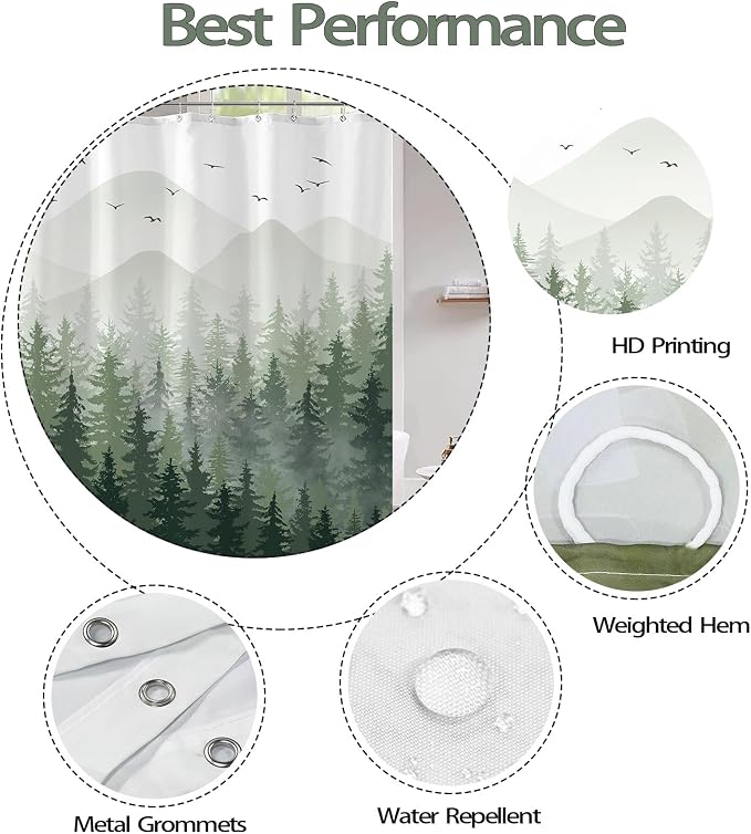Aipon Green Misty Forest Shower Curtain Ombre Nature Tree Plants Shower - Image 7