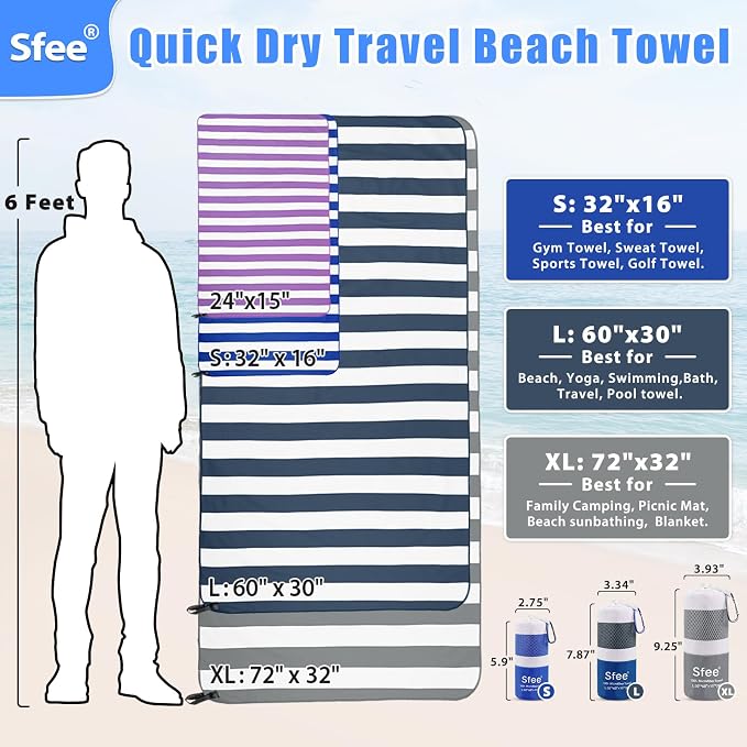 Sfee 2 in 1 Microfiber Oversized Beach Towel, Quick Dry Travel Towel Camping - Image 6