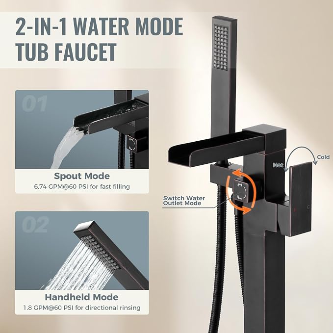 Freestanding Tub Faucet Oil Rubbed Bronze: ALEASHA High Flow Max 6.74 GPM Free - Image 4