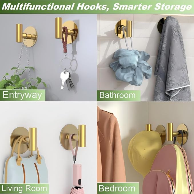Gold Stainless Steel Wall Hooks, Heavy Duty Self-Adhesive Hooks - Image 3