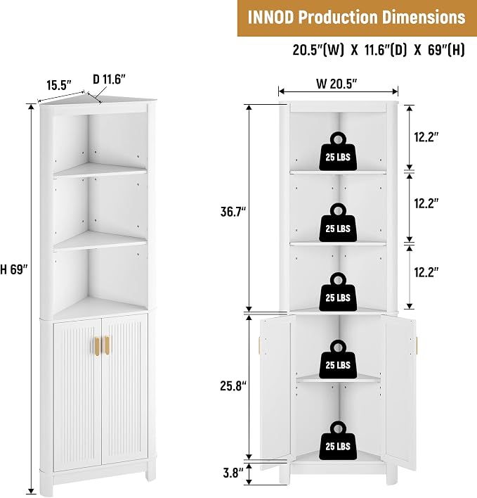 69" Tall Corner Shelf with Doors, 7-Tier Corner Storage Cabinet with Doors - Image 2