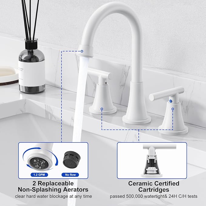 Bathroom Faucets for Sink 3 Hole, Hurran White Bathroom Sink Faucet - Image 4