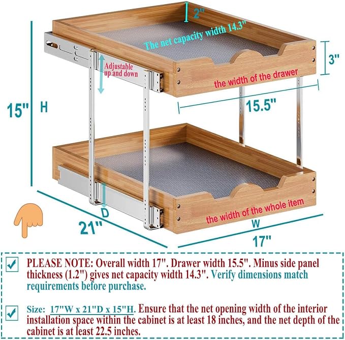 OCG 2 Tier Pull Out Cabinet Organizer, Double Tier Slide out Wood Drawer Shelf - Image 3