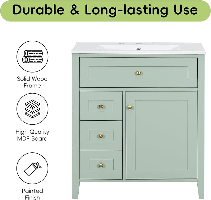 30" Bathroom Vanity with Sink Combo, Tip-Out Drawer, Solid Wood & MDF Modern - Image 7