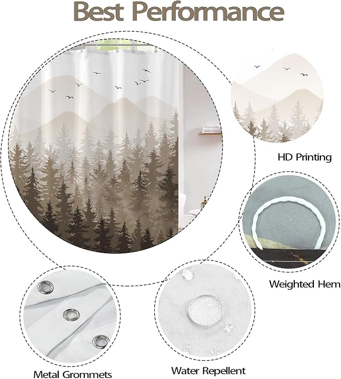 Aipon Brown Misty Forest Shower Curtain Ombre Nature Tree Plants Shower - Image 7