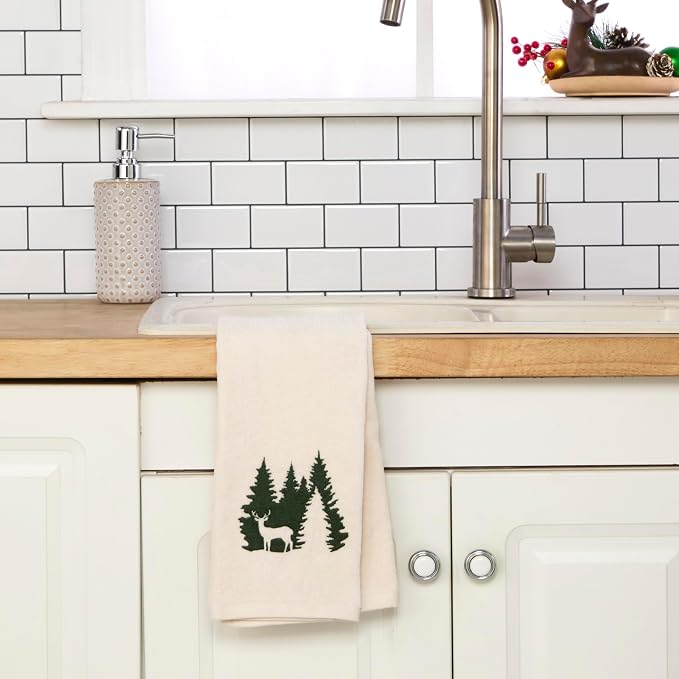 SKL Home Christmas/Winter Deer Spruce 100% Cotton Embroidered 2pc Hand Towel Set - Image 3