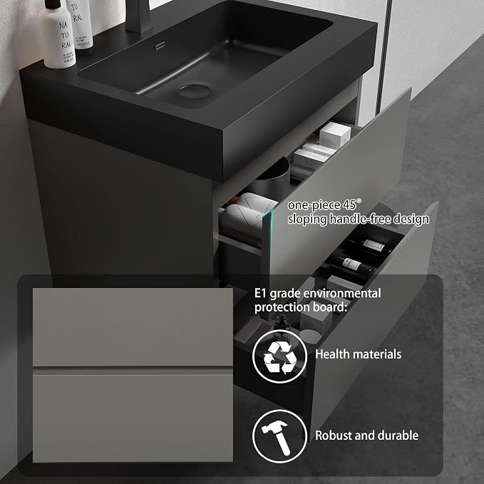 Alice 36 Inch Vanity with Overflow, Large Storage Wall Mounted Floating Vanity - Image 3