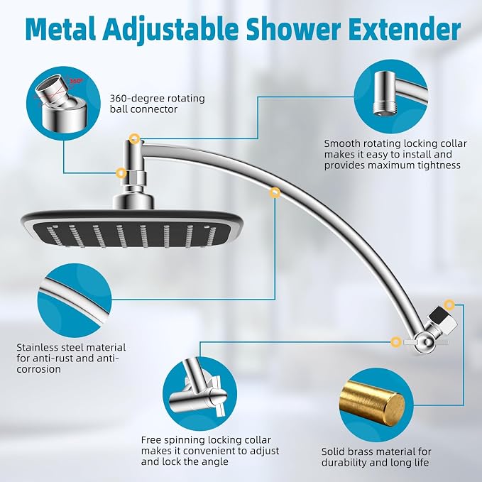 Rain Shower Head with 12" Shower Head Extension Arm, Metal Shower Head Extender - Image 2