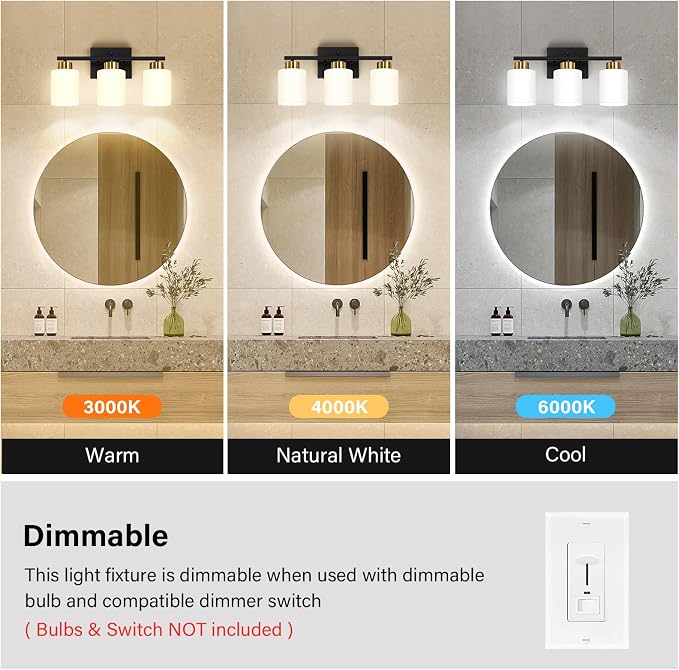 Black and Gold Bathroom Light Fixtures, 3-Light Modern Vanity Light Over Mirror - Image 5