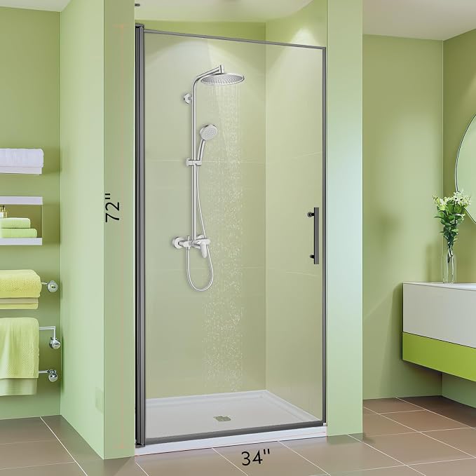 34" Wx72 H Frameless Reversible Pivot Shower Door, 1/4" Clear SGCC Tempered - Image 2