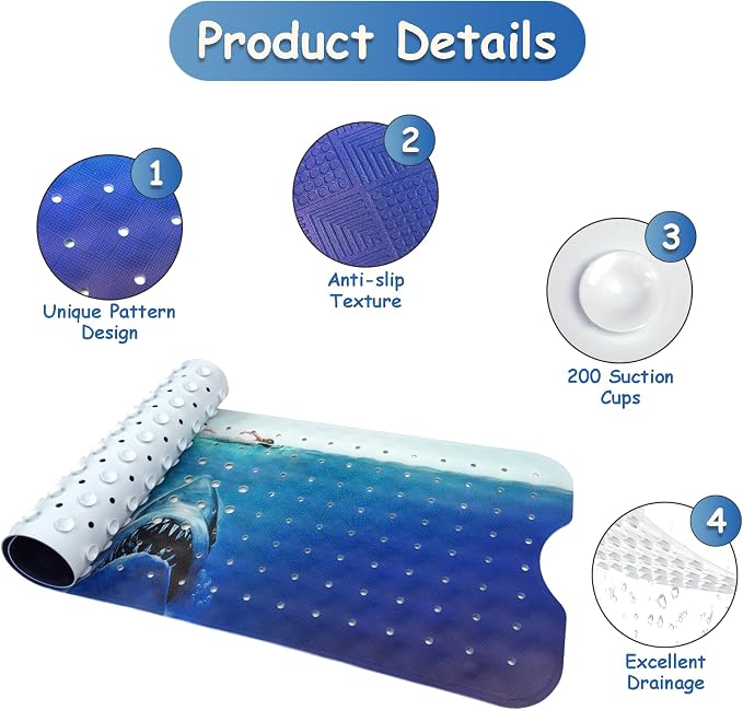 Bathtub Mat Non Slip, Shark Extra Long Bath tub Mat Shower Floor Mat - Image 3