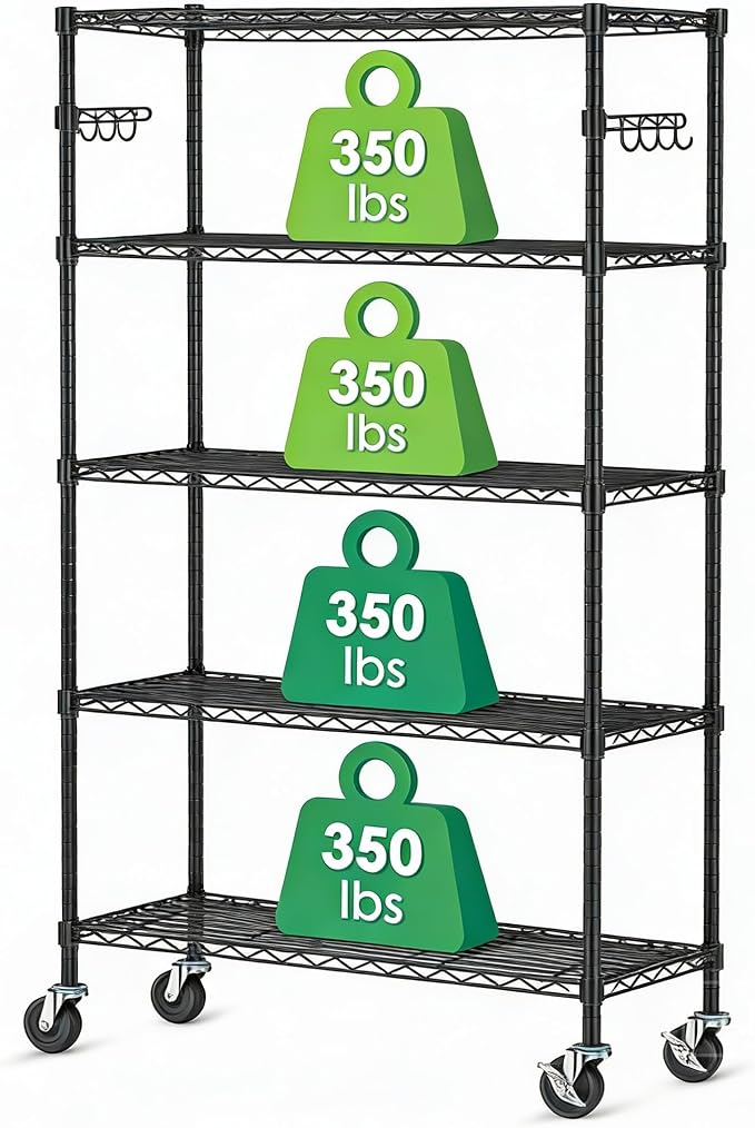 5 Tier Storage Shelves with Wheels Wire Rolling Garage Shelving Rack Organizer by Alexayhome