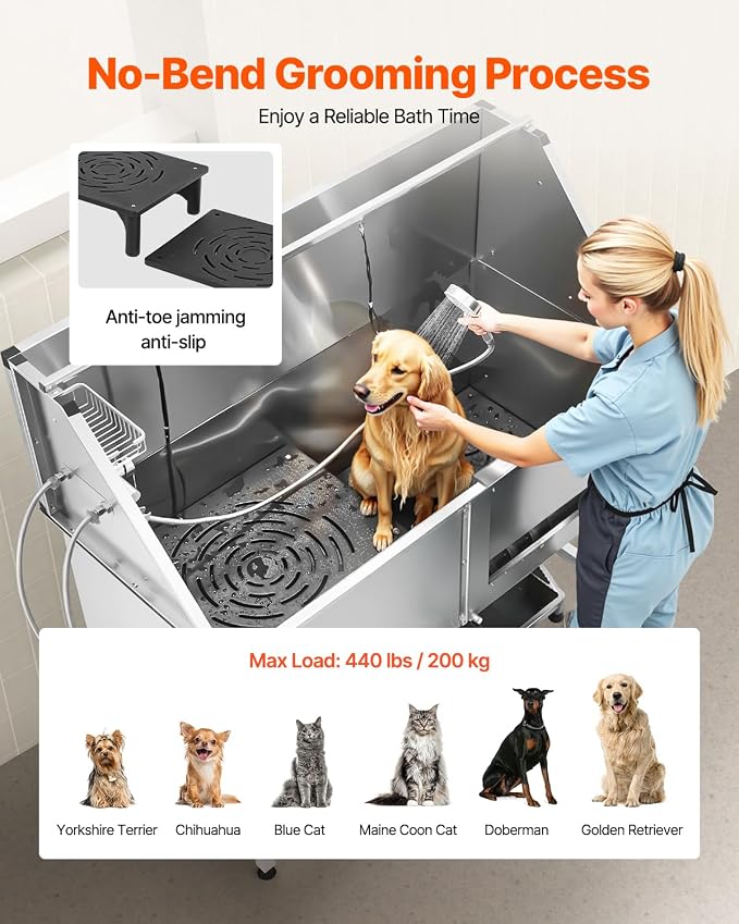 VEVOR Stainless Steel Dog Washing Station, 62 inch Pet Grooming Tub w/Stairs - Image 4
