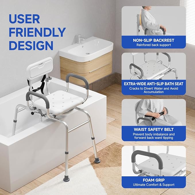 Sliding Shower Chair with Swivel Seat, Tub Transfer Bench - Image 5